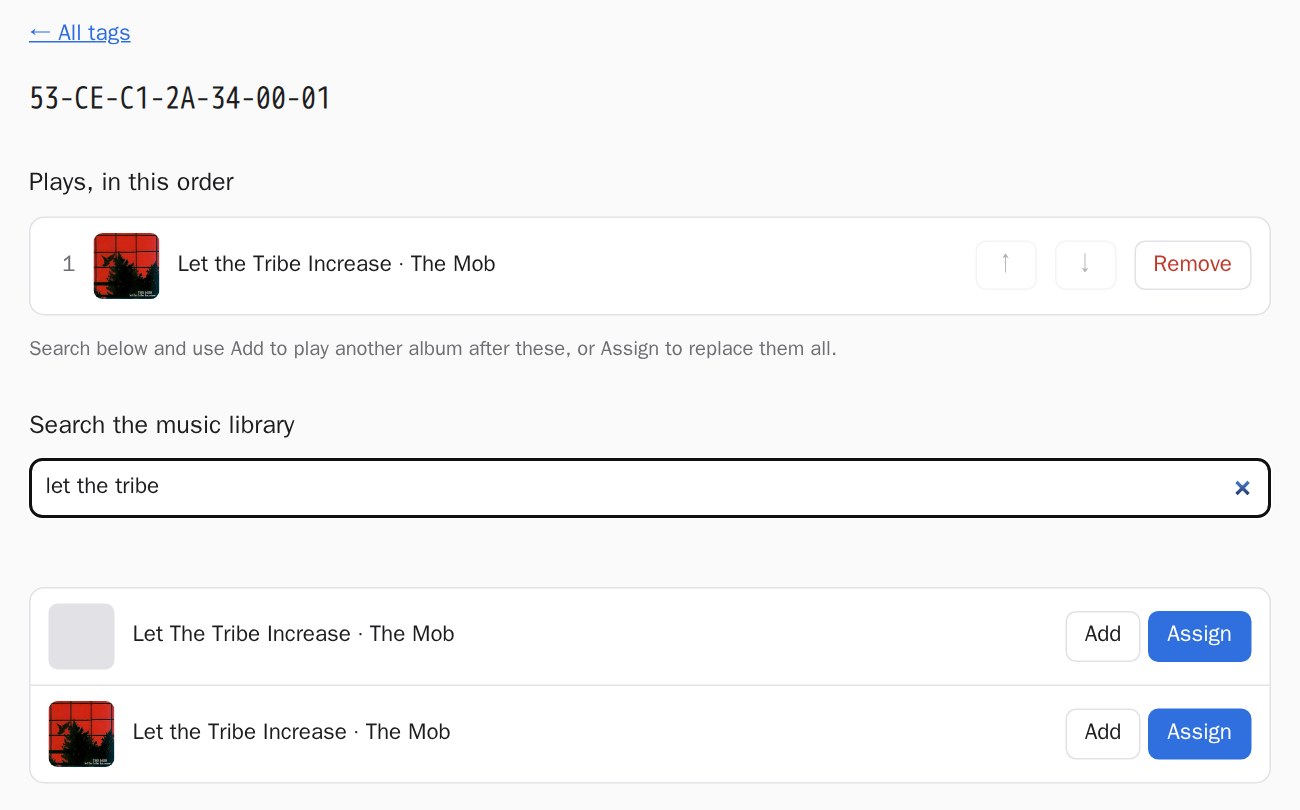 The tag page for The Mob's record: it plays Let the Tribe Increase, and a library search for let the tribe returns two albums, Let The Tribe Increase without a cover and Let the Tribe Increase with its red cover